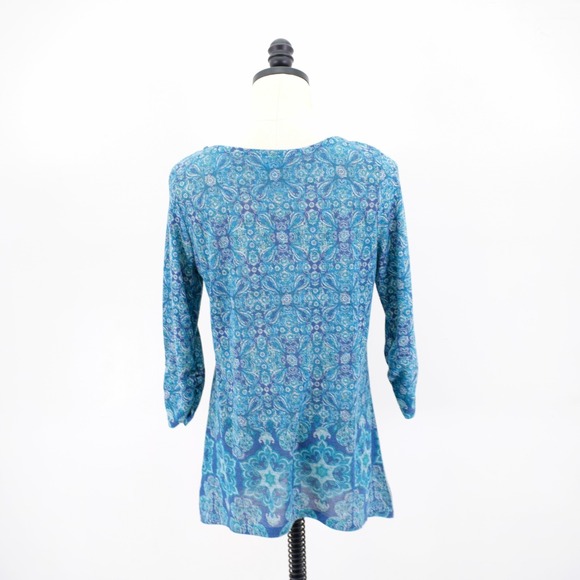 Kim Rogers PM Petite Teal Blue Rhinestone Scoop Neck Scrun 3/4 Sleeve Blouse Top - Picture 5 of 8